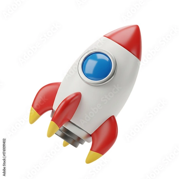 Fototapeta White and red cartoon rocket with blue window and yellow accents isolated on a transparent background