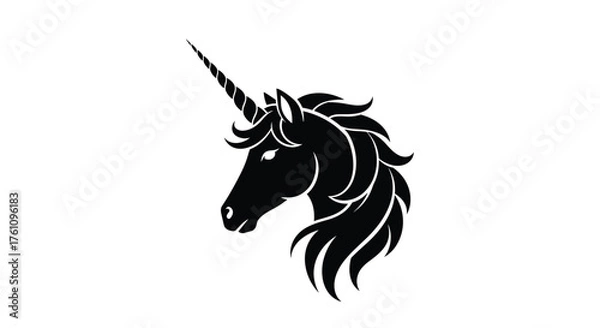 Fototapeta A majestic black unicorn head with a spiraling horn on a white background represents fantasy and myth.