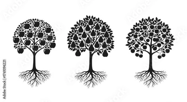 Fototapeta Three stylized trees with visible root systems and different fruit