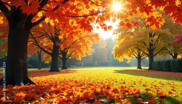 Fototapeta Autumn landscape with vibrant maple trees sun shining through the leaves creating a peaceful and scenic park scene