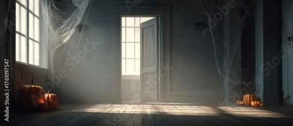 Fototapeta Dark corners and shadows: halloween's enchanting home decorations. Print ready. Intricate details: spiders and webs enhance a halloween night scene. Professional photo. Advertising photo.