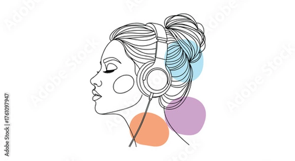 Fototapeta A minimalist line art portrait of a woman wearing headphones and listening to music.