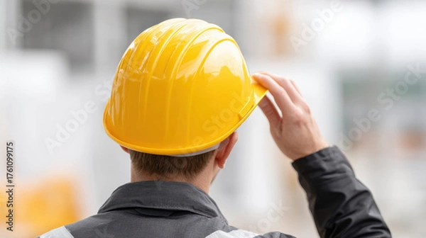 Fototapeta Construction worker wearing yellow safety helmet, protective gear, and reflective jacket at building site, ensuring workplace safety