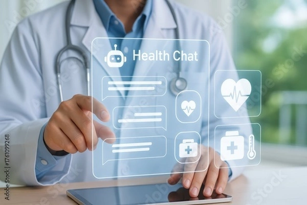 Fototapeta Doctor using AI-powered health chat interface on tablet, representing smart healthcare communication, virtual medical consultation, and digital support for patient engagement and symptom analysis.