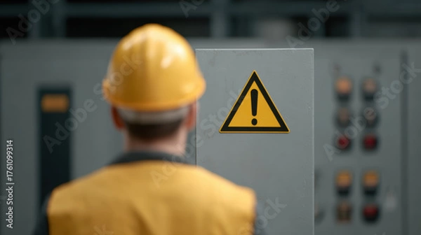 Fototapeta Worker wearing yellow safety helmet and vest stands in front of control panel with warning sign, industrial environment, caution required