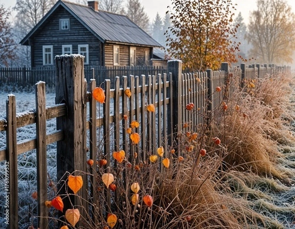 Fototapeta Rustic wooden house beside fence with autumn leaves at sunrise  