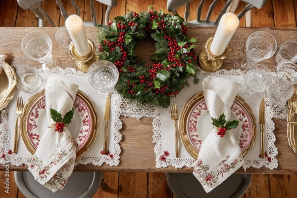 Obraz Elegant Christmas dinner flat lay. table setting. Holly napkin rings, evergreen wreath, candles on rustic wooden table. Warm red, green gold palette. Banners, menus, blogs, web headers, templates