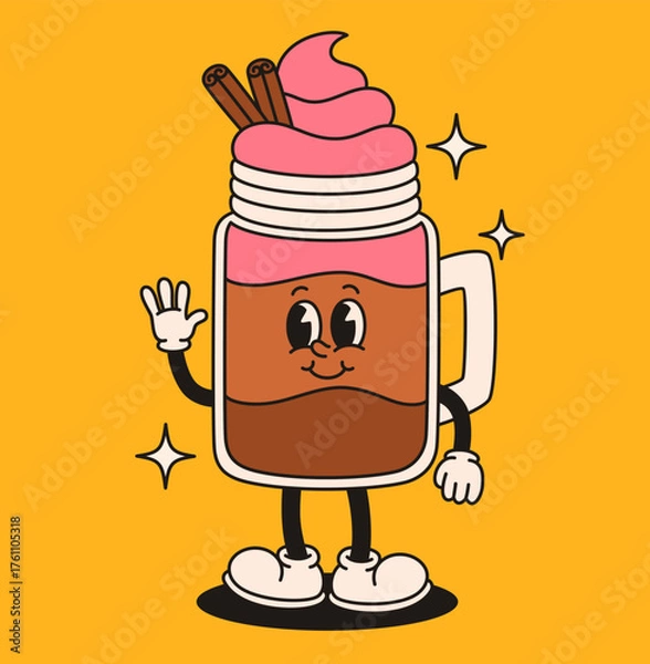 Obraz Groovy latte with cinnamon character. Flat vector illustration.