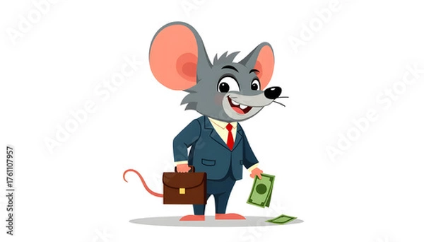 Obraz cartoon illustration of a mouse carrying money and a business bag