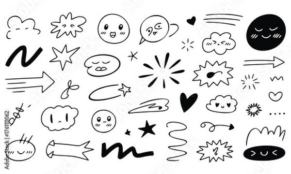 Fototapeta Vector cartoon doodle set of hand-drawn arrows and comic speech bubbles with smile faces, funny icons, and design elements