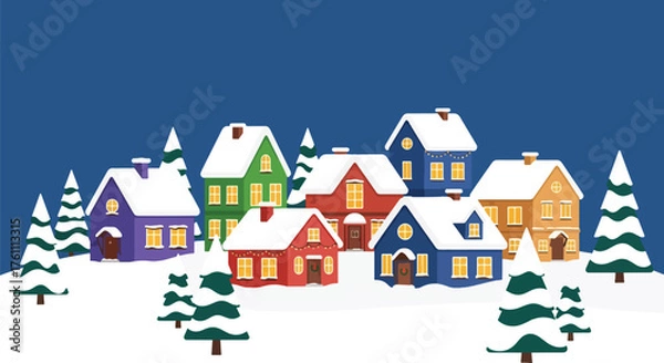 Fototapeta Flat vector of cozy snow-covered Christmas village with decorated houses and trees, peaceful festive winter scene