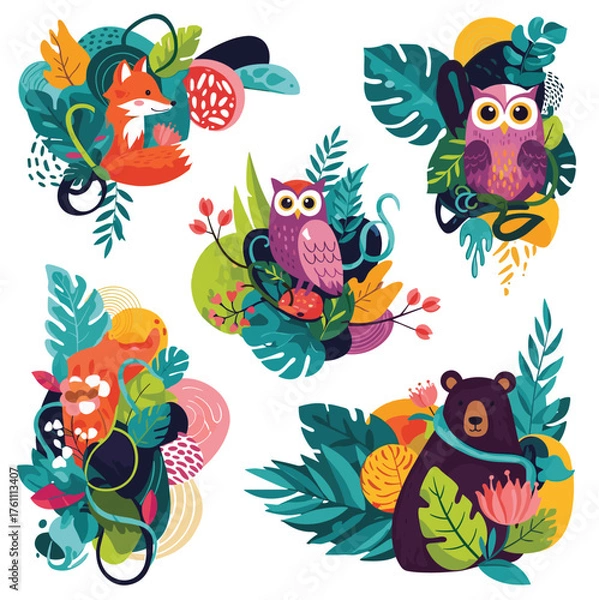 Obraz Abstract Forest Animals and Tropical Leaves Vector Set with Fox, Owl, and Bear Illustration
