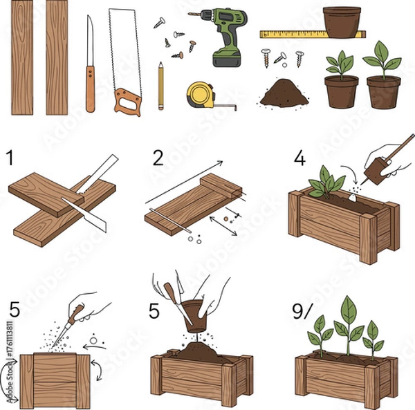 Fototapeta DIY Wooden Planter Box Building and Gardening Tutorial Vector Instruction Set