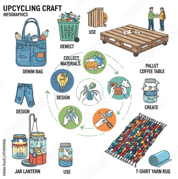 Fototapeta Upcycling Craft Infographic Vector: DIY Projects, Recycling Process, and Sustainable Lifestyle