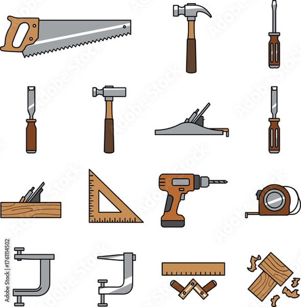 Fototapeta Woodworking and Carpentry Tools Vector Icon Set Saw, Hammer, Drill, and Workshop Equipment