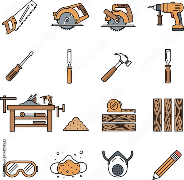 Obraz Woodworking Workshop Tools and Safety Equipment Vector Icon Set for Carpentry and DIY