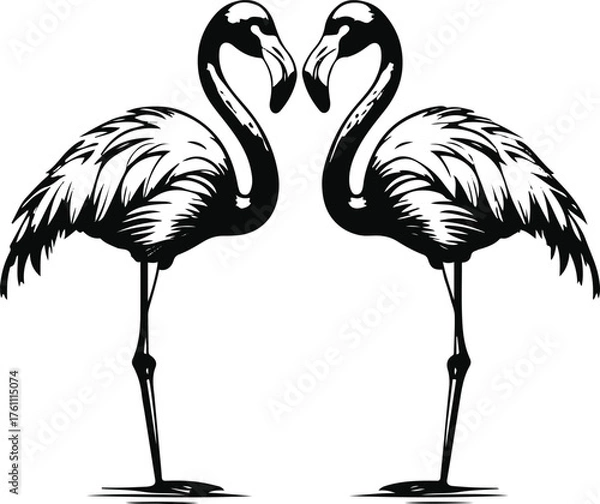 Fototapeta Single-line flamingo pair facing each other forming heart shape, white background 2