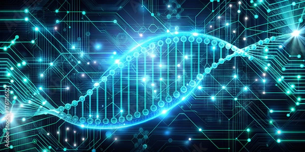 Fototapeta A vibrant visualization of a DNA double helix against a backdrop of intricate circuitry. This artwork illustrates the connection between genetics and advanced technology in a futuristic style
