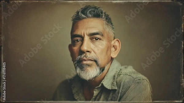 Fototapeta man gazing at the camera in a vintage casual shirt, a middle-aged hispanic portrait with a thoughtful expression, suitable for lifestyle, fashion, or branding campaigns
