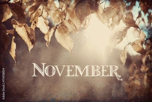 Obraz The rustic charm of november's autumn sunlight. Visual balance. Enhanced november poster with vibrant leaves and sunlit grunge. Bright colors. Modern style.