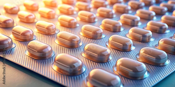 Fototapeta A blister pack is filled with shiny capsules arranged in neat rows on a flat surface. Soft light highlights the capsules, creating a warm ambiance around them