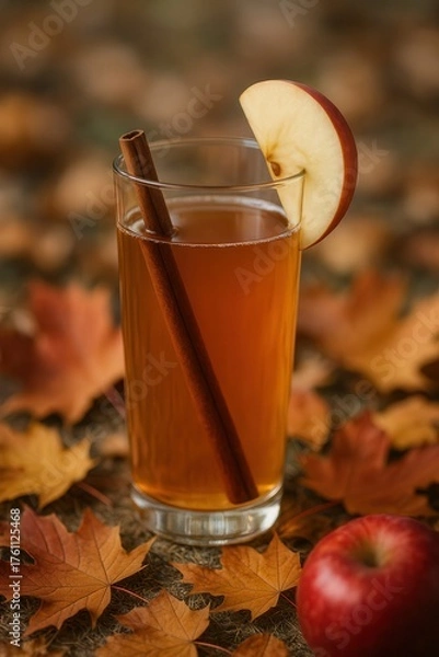 Fototapeta Glass of apple cider with cinnamon stick and apple slice on autumn leaves background