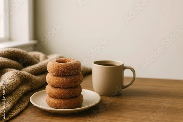 Fototapeta Stack of sugar donuts with coffee cup on wooden table in cozy morning light