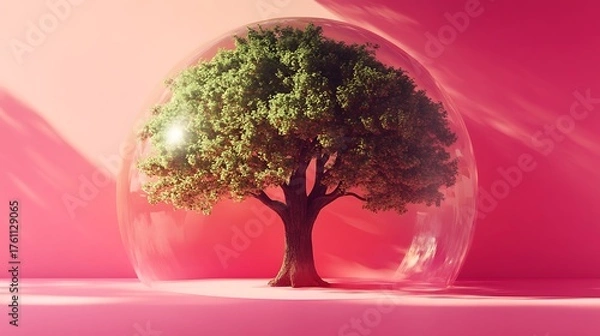 Fototapeta large oak tree inside transparent dome on pink floor with ethereal glow and soft shadows