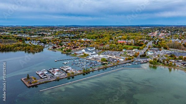 Fototapeta Canandaigua, NY, USA - October 17, 2025: Aerial photo over Canandaigua City Pier, Downtown Canandaigua New York