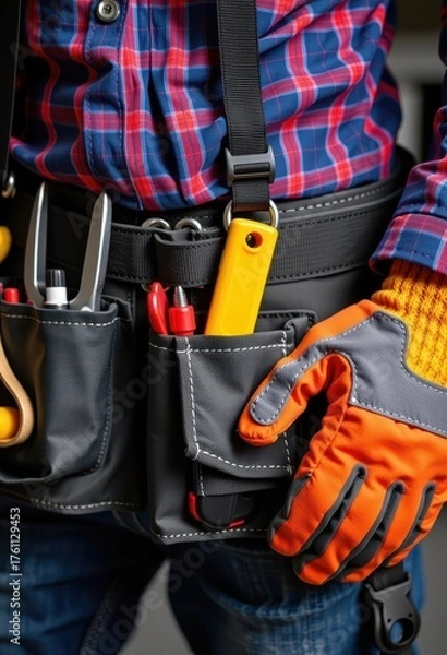 Fototapeta Durable tool belt and heavy-duty work gloves, ready for any job. Essential safety gear for construction, DIY projects, and maintenance tasks, job site, safety gear