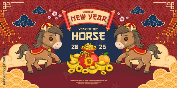 Obraz Happy Chinese New Year 2026 With Cute Horse, Year Of The Horse On Banner Design, Vector Cartoon Illustration