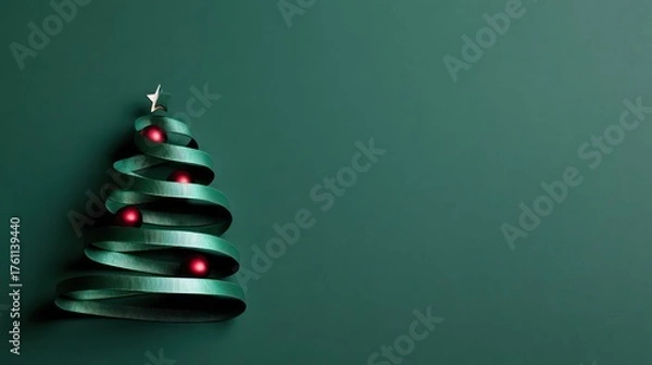 Fototapeta Minimalist christmas tree decoration made from green ribbon with red ornaments on a dark green background