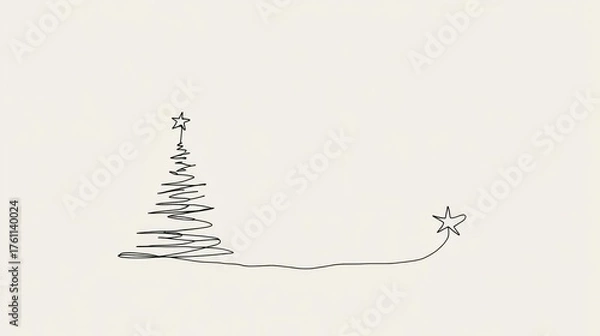 Fototapeta Minimalist hand drawn line art of a christmas tree with a star and a trailing line with a star ornament