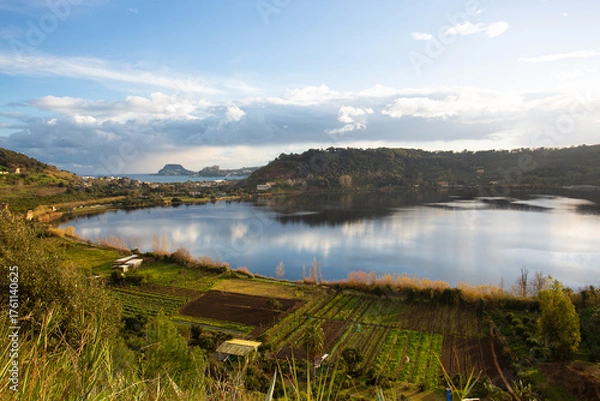 Obraz Lake Miseno and Agricultural Fields, Bacoli, Naples, Italy