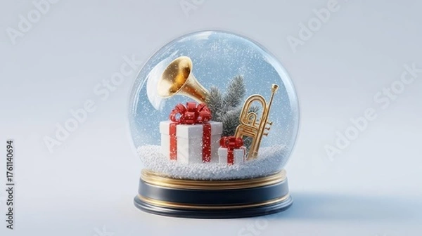 Fototapeta Festive christmas snow globe featuring a vintage gramophone wrapped presents and a miniature tree against a snowy backdrop