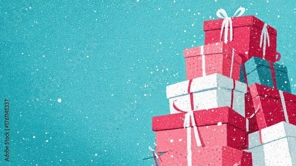 Obraz Festive stack of red and white gift boxes adorned with white ribbons against a sparkling teal blue background