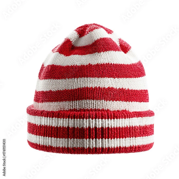Fototapeta A cozy red and white striped knit beanie perfect for winter isolated on a black background