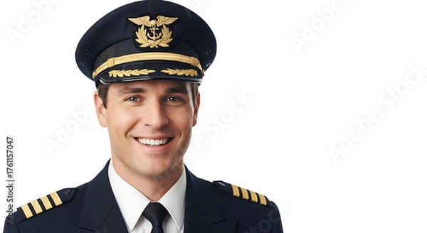 Fototapeta Confident airline pilot smiling wearing uniform and hat on transparent background