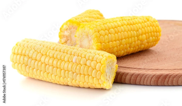 Obraz Boiled corn cobs on wooden board close-up