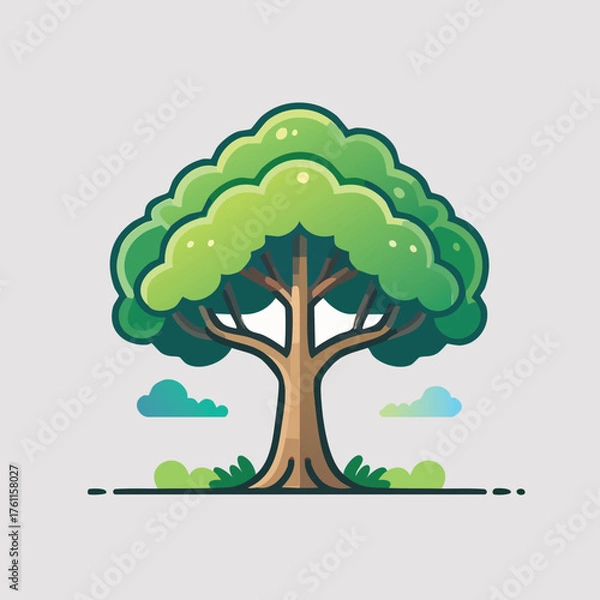 Fototapeta Stylized Green Tree with Lush Foliage and Clouds