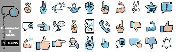 Fototapeta Collection of communication and media icons with various hand gestures.