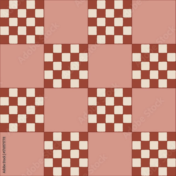 Fototapeta Vector seamless pattern with red and pink checkered tiles. Hand painted illustration for design, print, fabric or background.