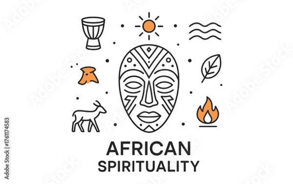 Fototapeta African spirituality symbols with tribal mask and nature elements in linear style