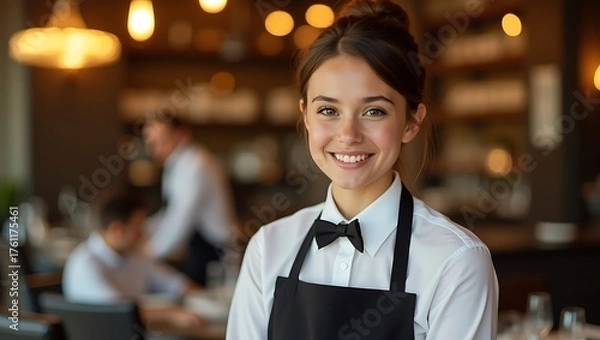 Obraz Young Waitress Smiling in a Restaurant Setting