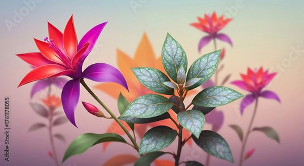 Fototapeta Vibrant Stylized Red and Purple Fantasy Flower with Unique Foliage on Soft Background
