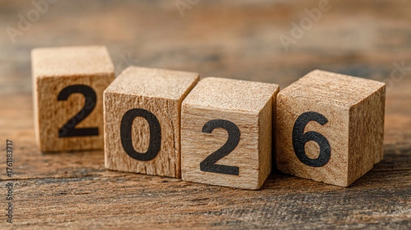 Fototapeta New Year 2026. Close-up of wooden cubes with the numbers 2026. Side view. The wooden cubes symbolize the countdown to the New Year. Close-up of the cubes with the numbers 2026