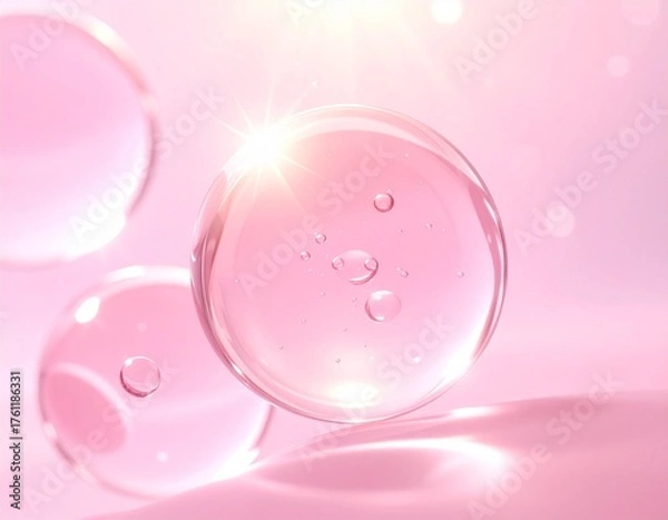 Fototapeta みずみずしいピンクの水滴が弾けるようなスキンケア美容液ビジュアル　ジェネレーティブAI