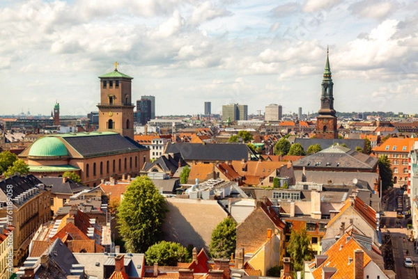 Fototapeta Beautiful aerial view of Copenhagen, Denmark from top of the round tower. Summer sunny day