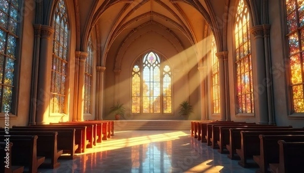 Fototapeta Sunlit Stained Glass Sanctuary Peaceful Architecture and Tranquil Worship Space