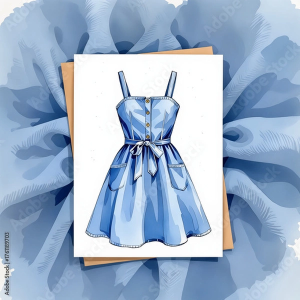 Obraz Stylish illustration of a blue denim sundress on a learning card with a soft background